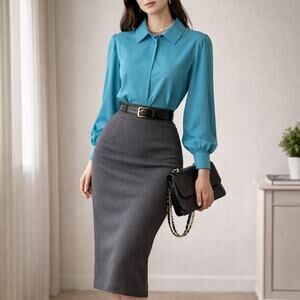 Lady Manhattan vintage aqua blue puff shoulder button down blouse size 16 XL
